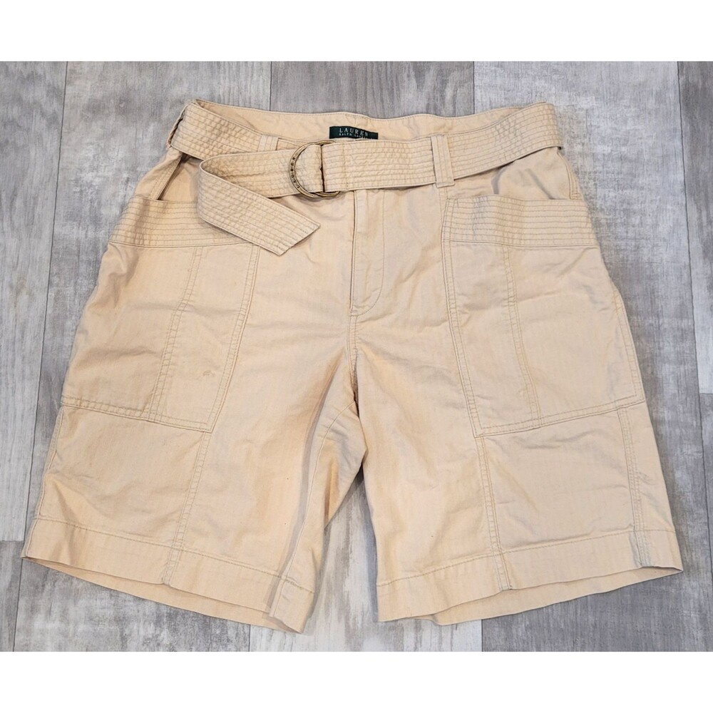 Lauren Ralph Lauren Beige Shorts Womens 14 Cotton Belted Utility Cargo Pockets